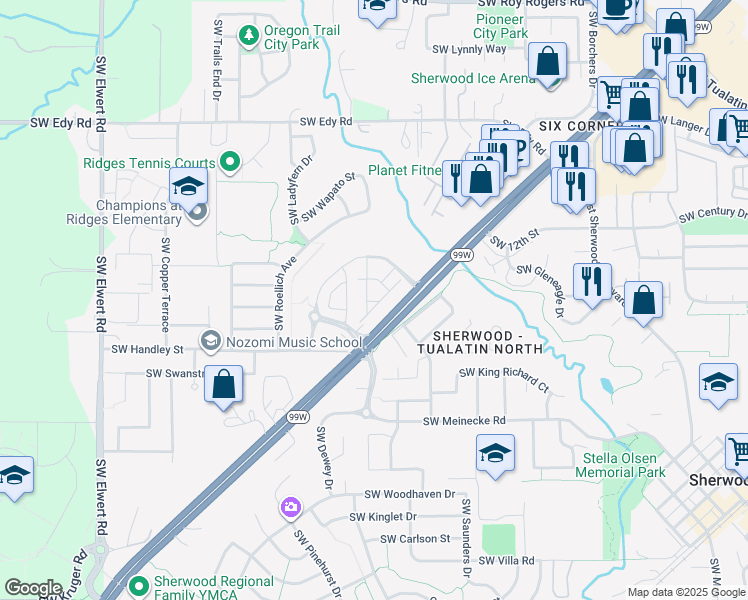 map of restaurants, bars, coffee shops, grocery stores, and more near 21655 Southwest Cedar Brook Way in Sherwood