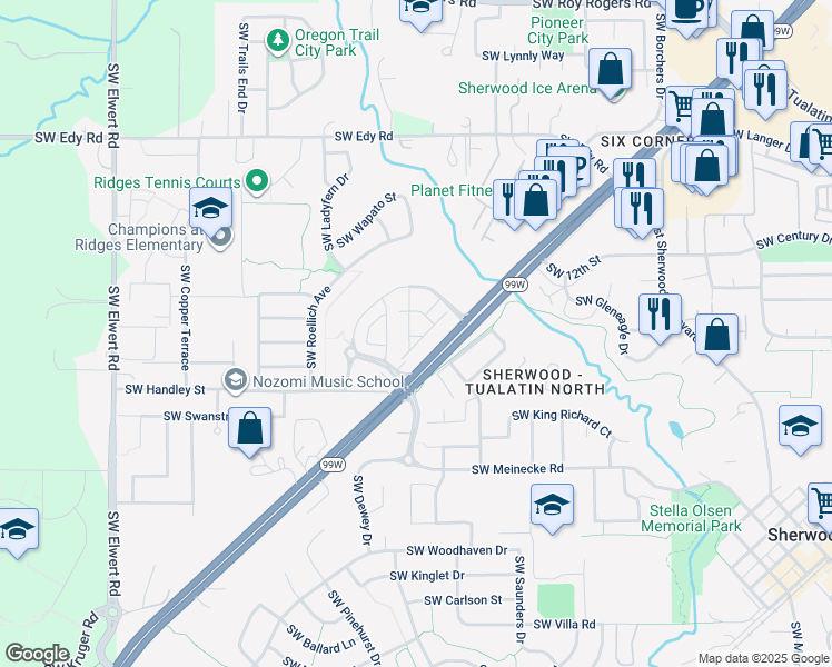 map of restaurants, bars, coffee shops, grocery stores, and more near 21759 Southwest Cedar Brook Way in Sherwood