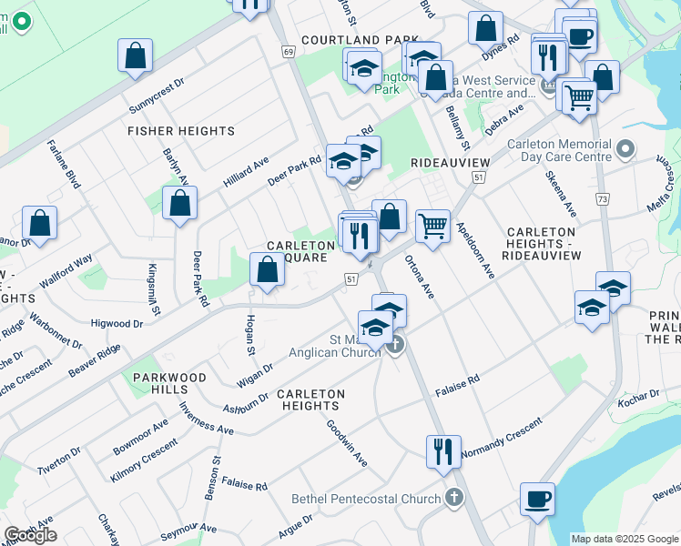 map of restaurants, bars, coffee shops, grocery stores, and more near 1129 Meadowlands Drive East in Ottawa