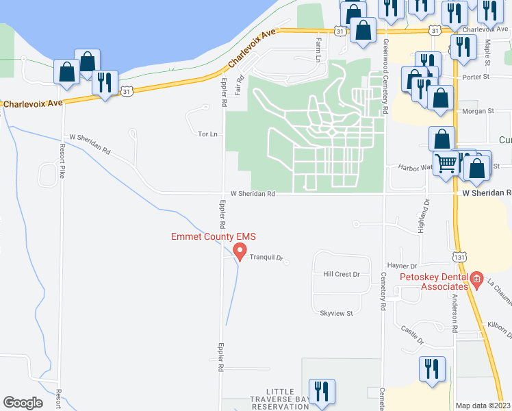 map of restaurants, bars, coffee shops, grocery stores, and more near 2035 West Sheridan Road in Petoskey