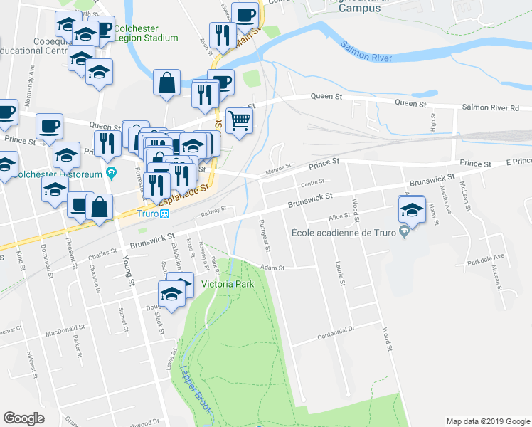 map of restaurants, bars, coffee shops, grocery stores, and more near 150 Brunswick Street in Truro