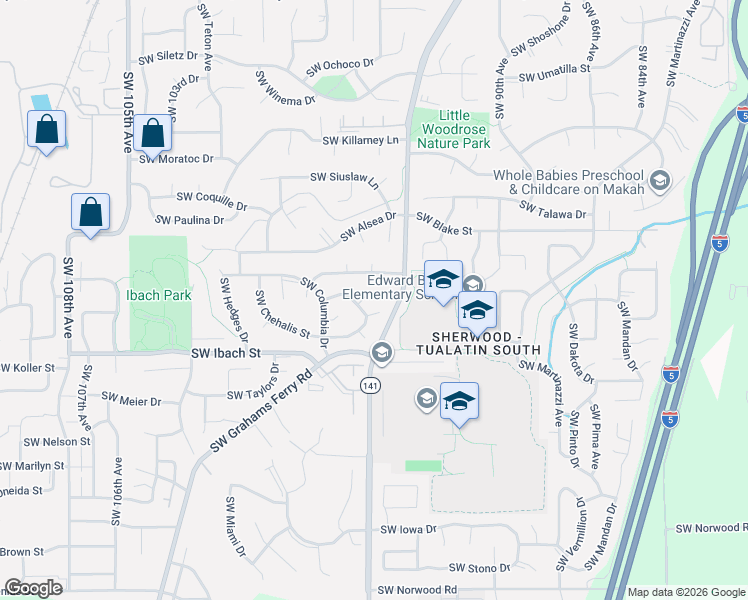 map of restaurants, bars, coffee shops, grocery stores, and more near 9500 Southwest Cheraw Court in Tualatin