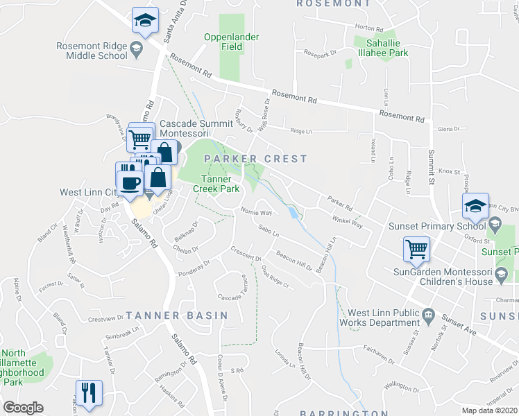 map of restaurants, bars, coffee shops, grocery stores, and more near 3203 Sabo Lane in West Linn