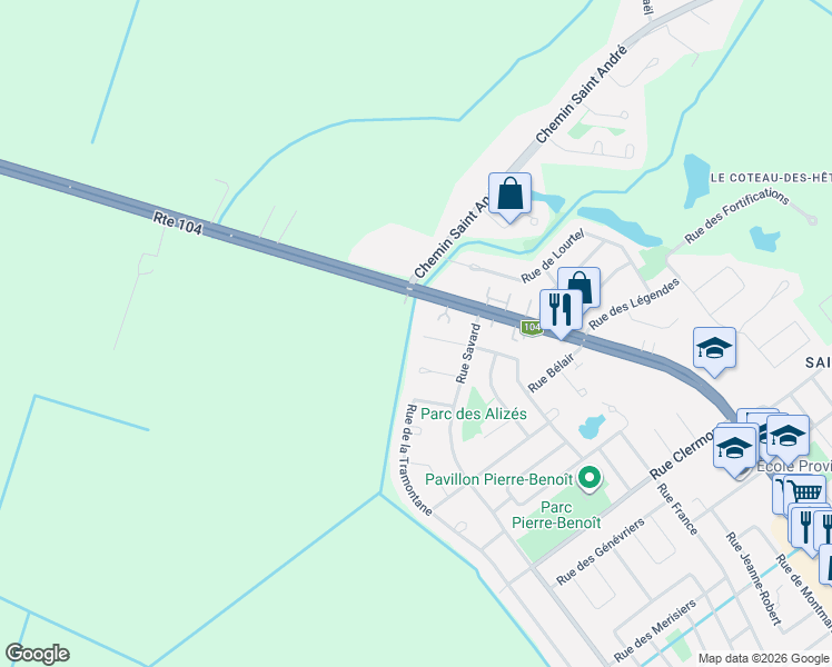 map of restaurants, bars, coffee shops, grocery stores, and more near 44 Rue du Zéphyr in Saint-Jean-sur-Richelieu