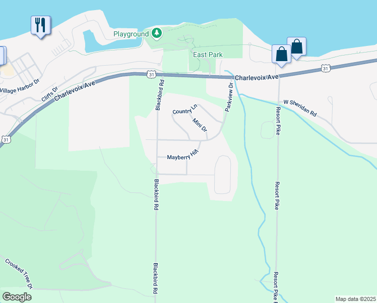 map of restaurants, bars, coffee shops, grocery stores, and more near 3129 Parkview Drive in Petoskey