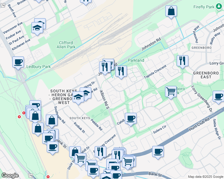 map of restaurants, bars, coffee shops, grocery stores, and more near 1 Greenboro Crescent in Ottawa