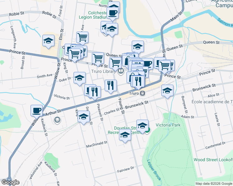 map of restaurants, bars, coffee shops, grocery stores, and more near 62 Young Street in Truro