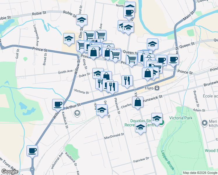 map of restaurants, bars, coffee shops, grocery stores, and more near Victoria Street in Truro