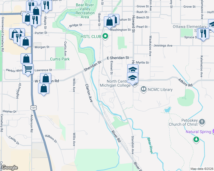 map of restaurants, bars, coffee shops, grocery stores, and more near 1400 Standish Ave in Petoskey