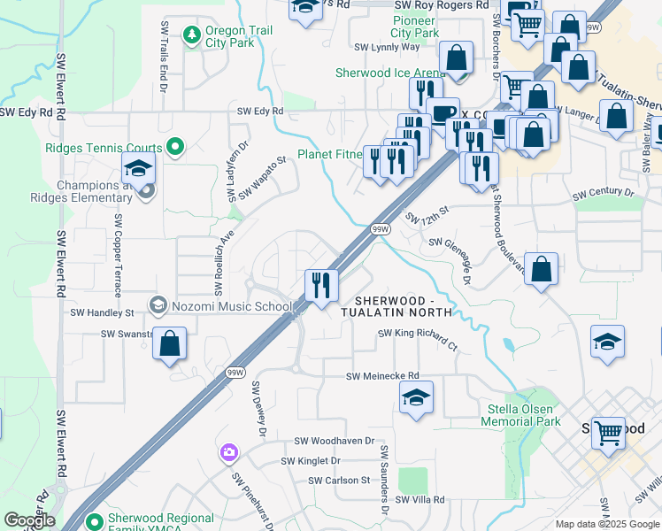 map of restaurants, bars, coffee shops, grocery stores, and more near 21889 Cedar Brook Way in Sherwood