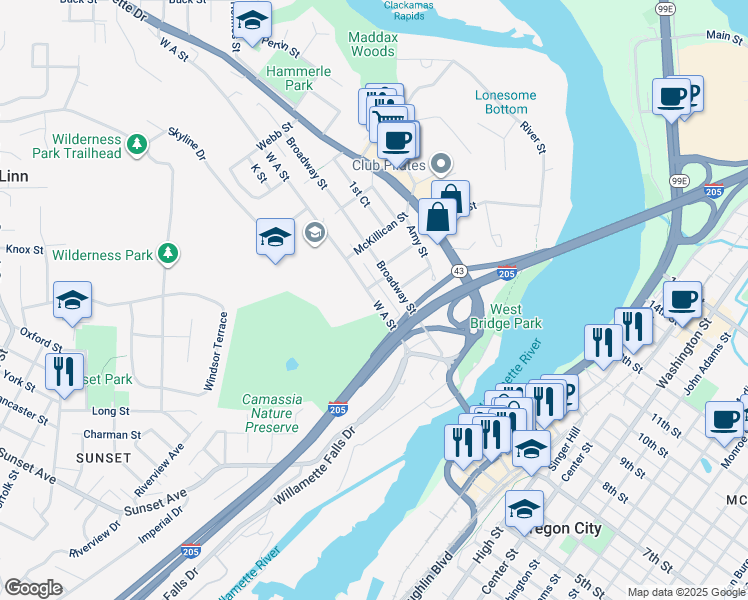 map of restaurants, bars, coffee shops, grocery stores, and more near 5425 West A Street in West Linn