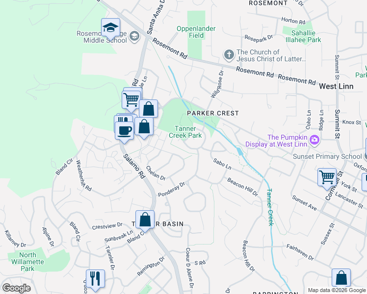 map of restaurants, bars, coffee shops, grocery stores, and more near 3258 Journeay Court in West Linn