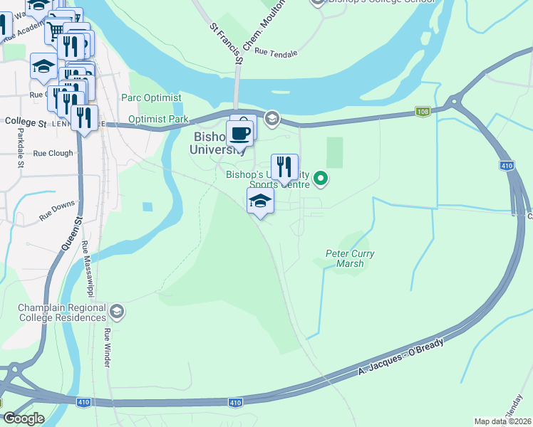map of restaurants, bars, coffee shops, grocery stores, and more near 2600 Rue College in Sherbrooke