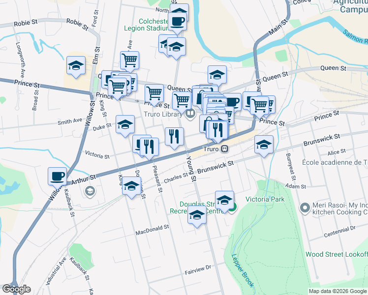 map of restaurants, bars, coffee shops, grocery stores, and more near 62 Young Street in Truro