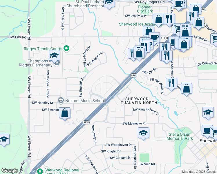 map of restaurants, bars, coffee shops, grocery stores, and more near 21759 Southwest Cedar Brook Way in Sherwood