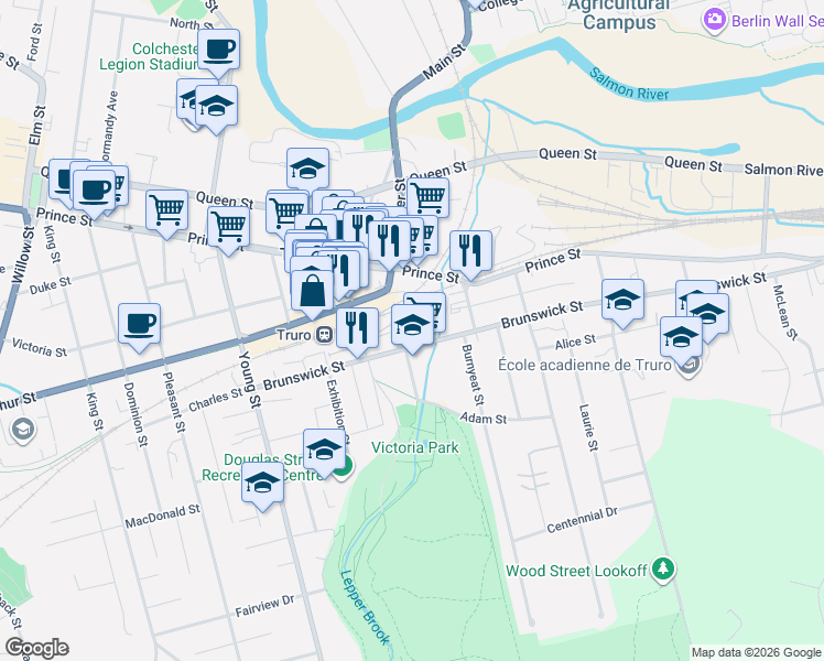 map of restaurants, bars, coffee shops, grocery stores, and more near 32 Railway Street in Truro