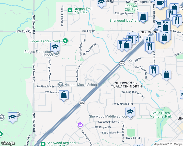 map of restaurants, bars, coffee shops, grocery stores, and more near 21743 Southwest Berkshire Terrace in Sherwood