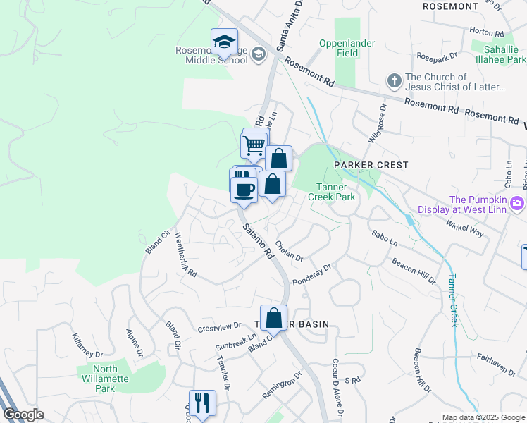 map of restaurants, bars, coffee shops, grocery stores, and more near 22500 Salamo Road in West Linn