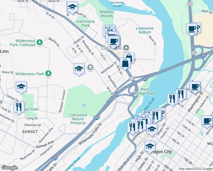 map of restaurants, bars, coffee shops, grocery stores, and more near 5425 West A Street in West Linn