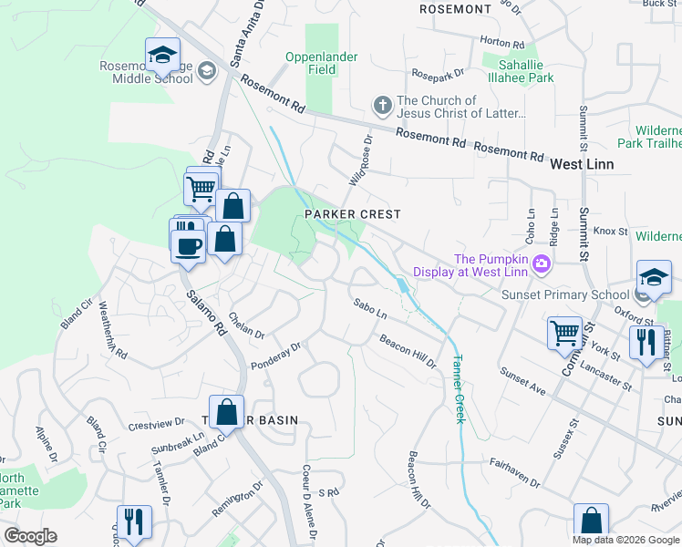 map of restaurants, bars, coffee shops, grocery stores, and more near 3657 Wild Rose Loop in West Linn