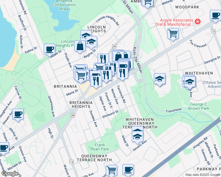 map of restaurants, bars, coffee shops, grocery stores, and more near in Ottawa