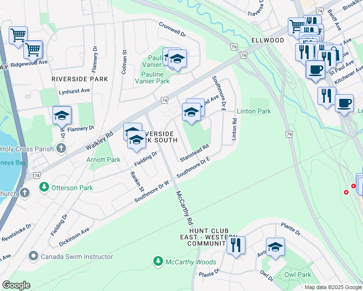 map of restaurants, bars, coffee shops, grocery stores, and more near 2986 Marcel Street in Ottawa
