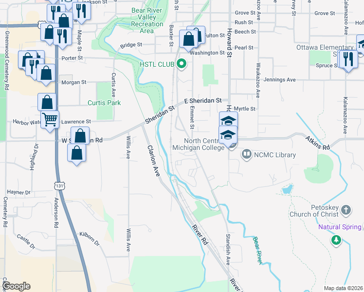 map of restaurants, bars, coffee shops, grocery stores, and more near 1400 Standish Avenue in Petoskey