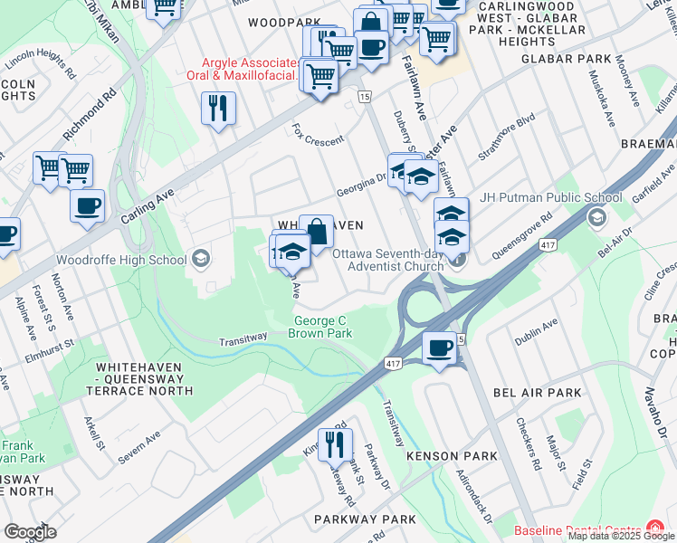 map of restaurants, bars, coffee shops, grocery stores, and more near Sadler Crescent in Ottawa
