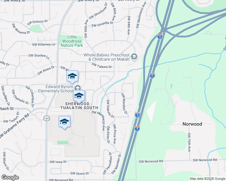 map of restaurants, bars, coffee shops, grocery stores, and more near 8541 Southwest Mandan Drive in Tualatin