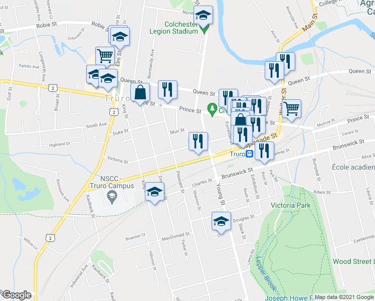 map of restaurants, bars, coffee shops, grocery stores, and more near 124 Victoria Street in Truro