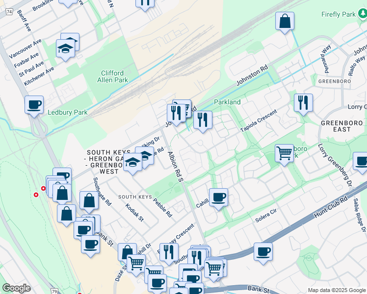 map of restaurants, bars, coffee shops, grocery stores, and more near 4 Greenboro Crescent in Ottawa