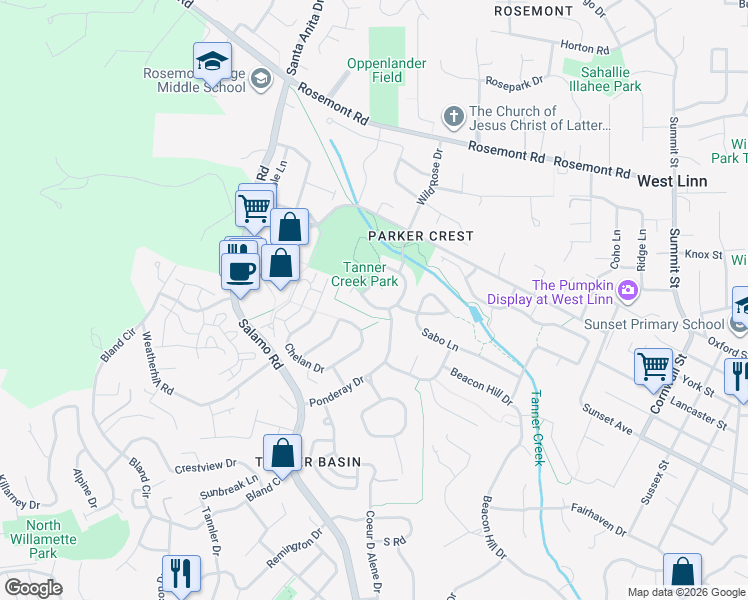 map of restaurants, bars, coffee shops, grocery stores, and more near 3258 Journeay Court in West Linn