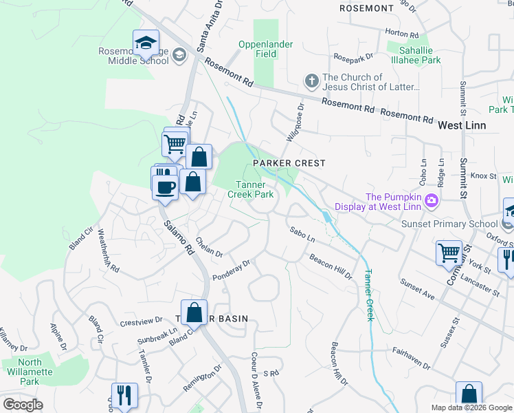 map of restaurants, bars, coffee shops, grocery stores, and more near 3241 Wild Rose Loop in West Linn