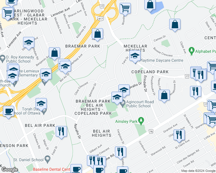 map of restaurants, bars, coffee shops, grocery stores, and more near 1697 Cannon Crescent in Ottawa