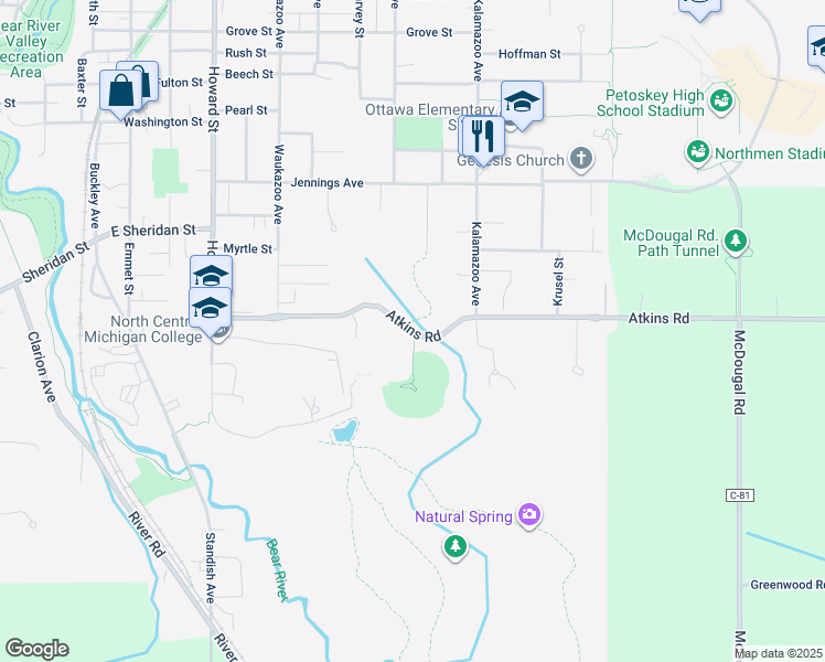 map of restaurants, bars, coffee shops, grocery stores, and more near Atkins Road in Petoskey
