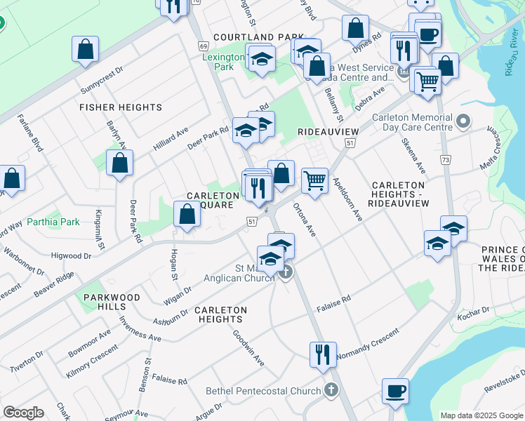 map of restaurants, bars, coffee shops, grocery stores, and more near 1121 Meadowlands Drive East in Ottawa