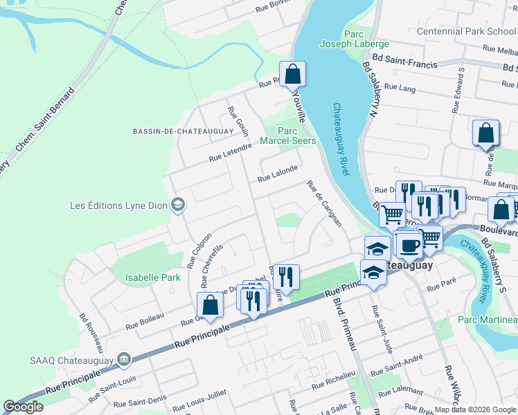 map of restaurants, bars, coffee shops, grocery stores, and more near 40 Boulevard Deguire in Châteauguay