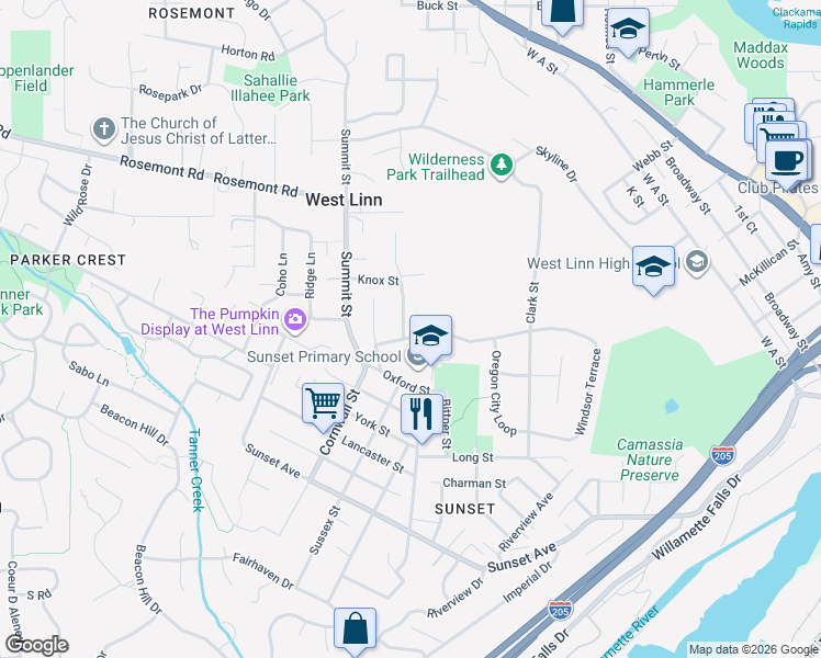 map of restaurants, bars, coffee shops, grocery stores, and more near 2631 Oregon City Boulevard in West Linn