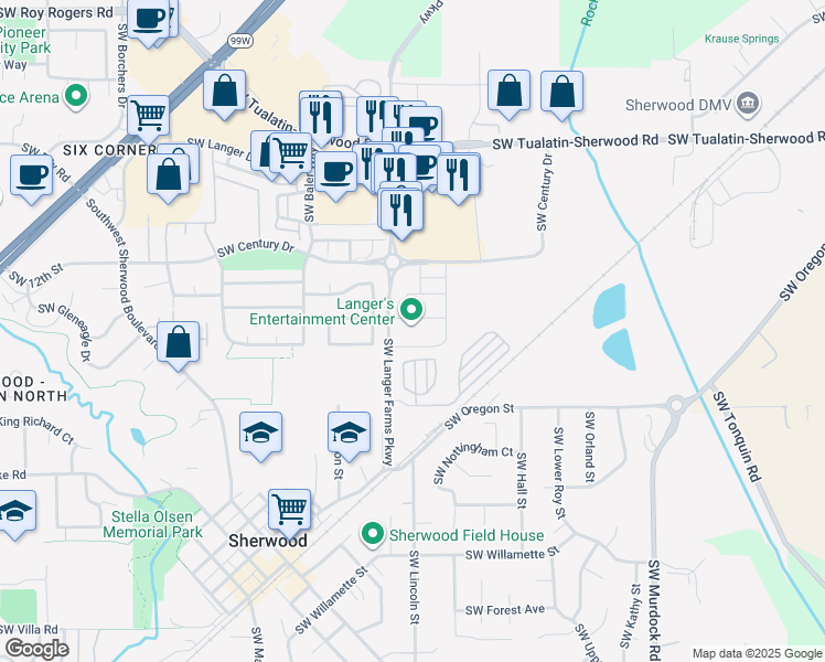 map of restaurants, bars, coffee shops, grocery stores, and more near 14958 Southwest Tualatin Sherwood Road in Sherwood