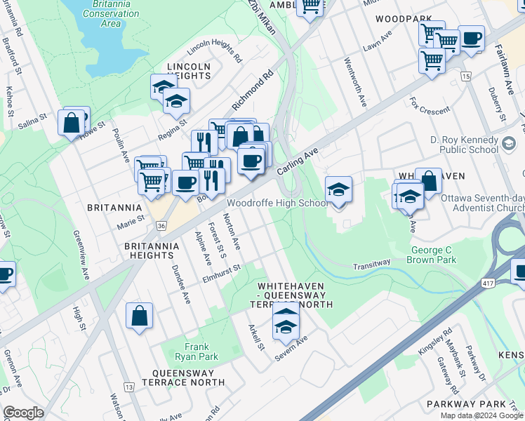 map of restaurants, bars, coffee shops, grocery stores, and more near 829 Connaught Avenue in Ottawa