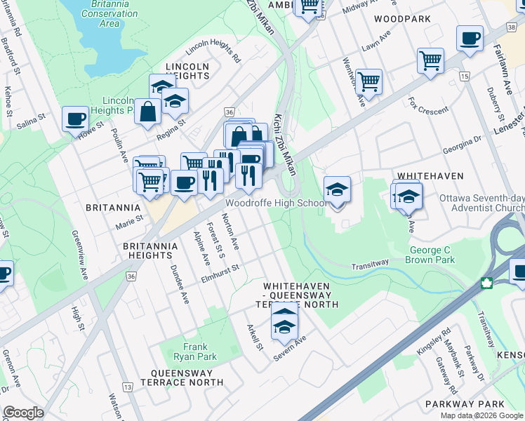 map of restaurants, bars, coffee shops, grocery stores, and more near 829 Connaught Avenue in Ottawa