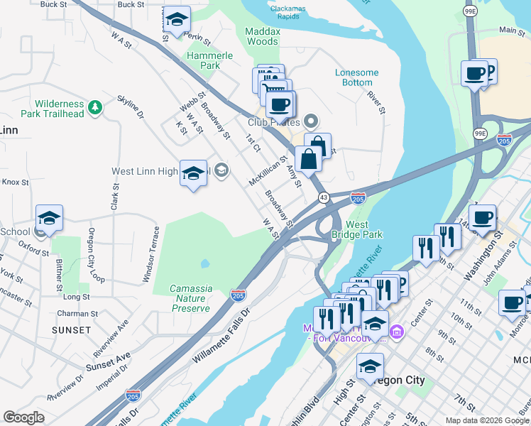 map of restaurants, bars, coffee shops, grocery stores, and more near 5330 Broadway Street in West Linn