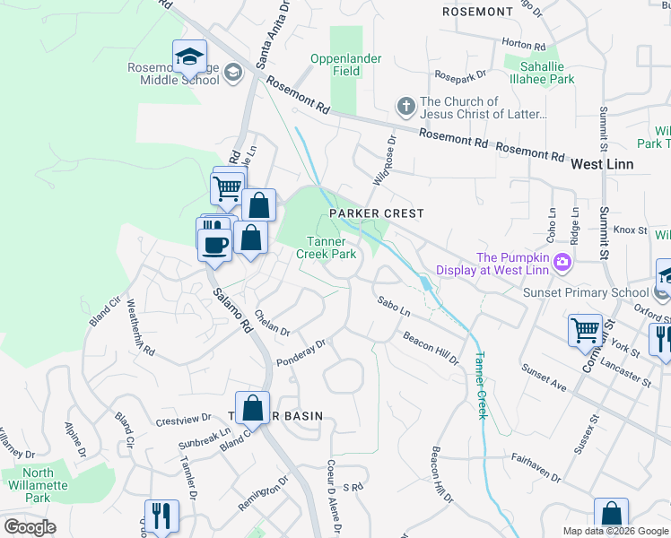 map of restaurants, bars, coffee shops, grocery stores, and more near 3258 Journeay Court in West Linn
