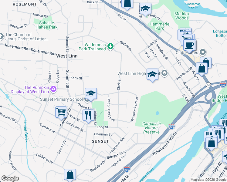 map of restaurants, bars, coffee shops, grocery stores, and more near 2431 Oregon City Boulevard in West Linn