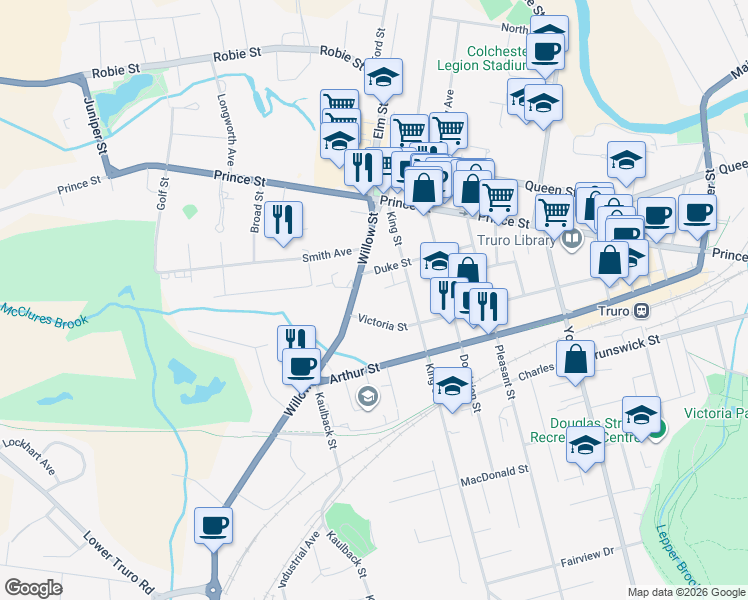 map of restaurants, bars, coffee shops, grocery stores, and more near 77 Willow Street in Truro