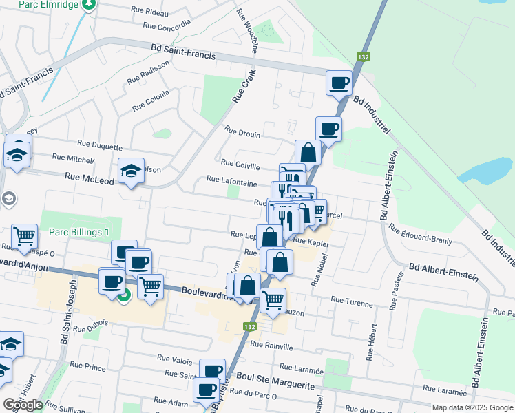 map of restaurants, bars, coffee shops, grocery stores, and more near 420 Rue Dunver in Châteauguay