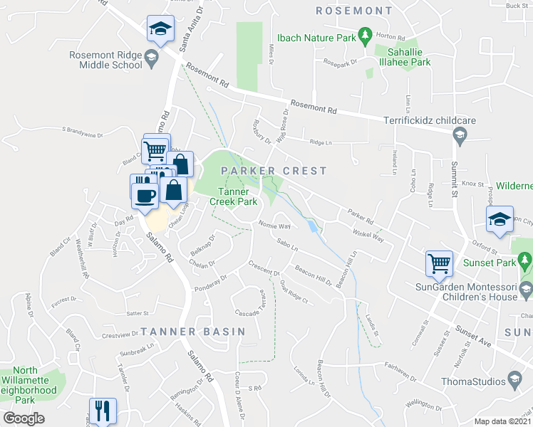 map of restaurants, bars, coffee shops, grocery stores, and more near 3633 Wild Rose Loop in West Linn
