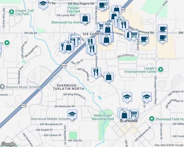 map of restaurants, bars, coffee shops, grocery stores, and more near 16551 Southwest 10th Street in Sherwood