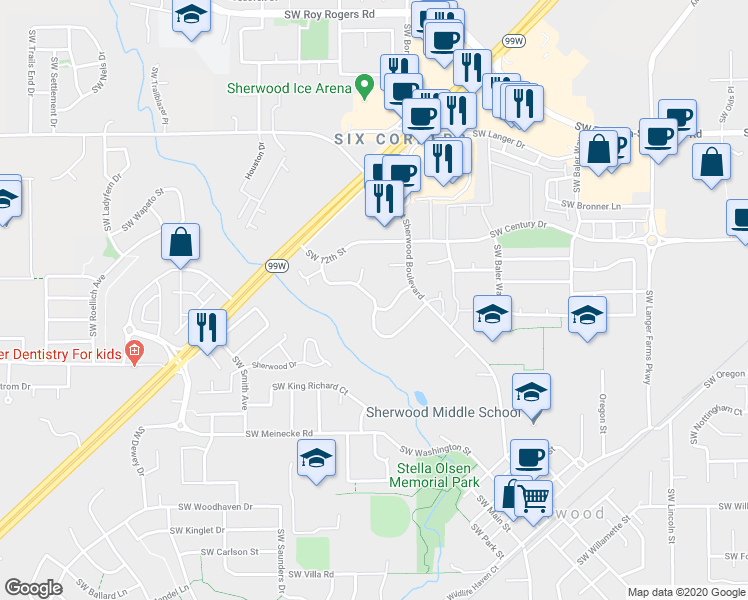 map of restaurants, bars, coffee shops, grocery stores, and more near NW Gleneagle Dr in Sherwood
