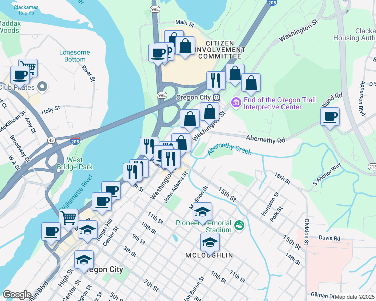 map of restaurants, bars, coffee shops, grocery stores, and more near in Oregon City